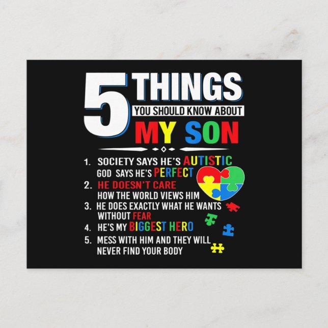 5 Things You Should Know About My Son Autism Aware Vykort (Framsida)