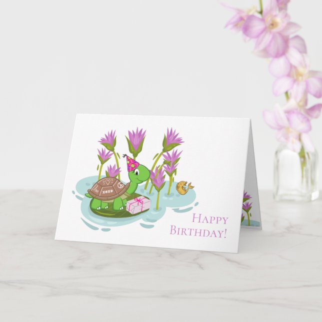 5"x7"-sköldpadda med Party Hat & gift-födelsedagsk Kort (Orkide)
