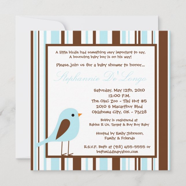 5 x 5 Blue Boy Woodland Bird Baby Shower-inbjudan Inbjudningar (Framsida)