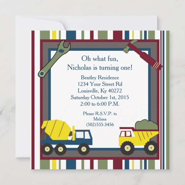 5 x 5 Byggande första 1:a födelsedagsinbjudan Inbjudningar (Framsida)