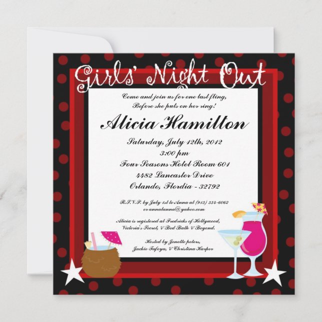 5 x 5 Crimson Red Cocktails Bachelorette-inbjudan Inbjudningar (Framsida)