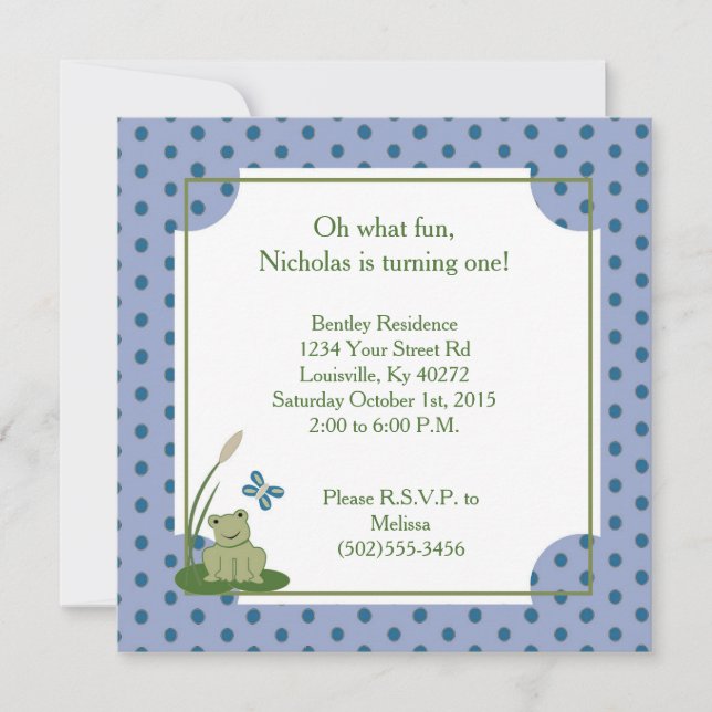 5 x 5 Sunny Pond Frog 1:a födelsedagsinbjudan Inbjudningar (Framsida)