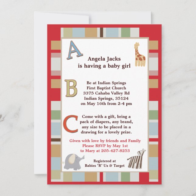 5 x 7 ABC Alphabet Soppa Stripe Baby Shower Inbjudningar (Framsida)