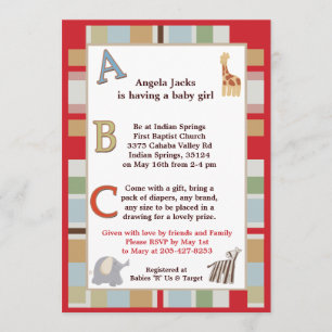 5 x 7 ABC Alphabet Soppa Stripe Baby Shower Inbjudningar