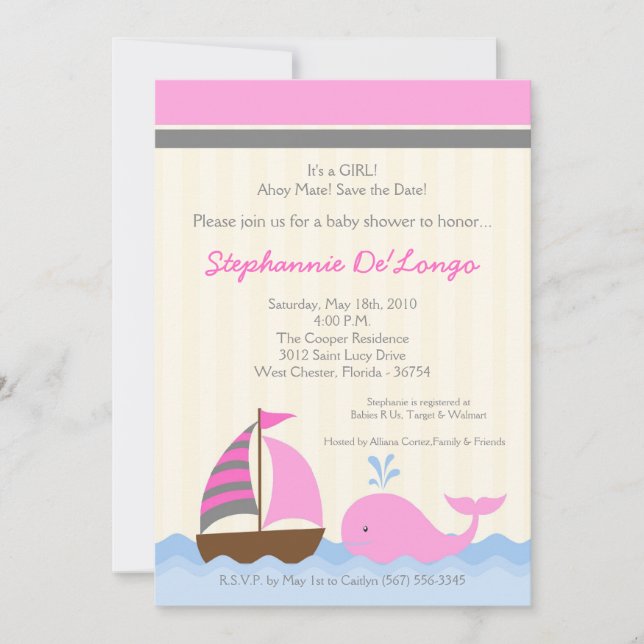 5 x 7 AhoyNautical Whale Boat Baby Shower-inbjudan Inbjudningar (Framsida)