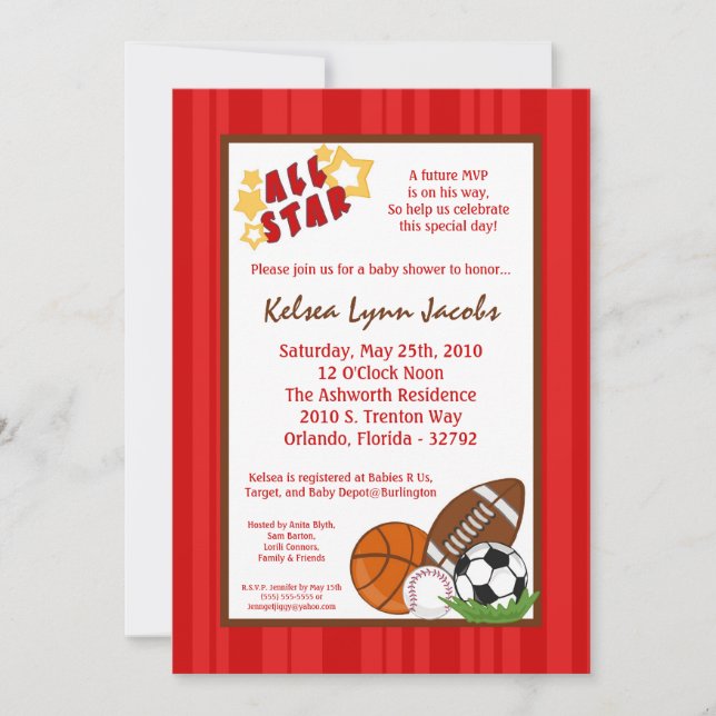 5 x 7 All Star MVP Sport Boll Baby Shower-inbjudan Inbjudningar (Framsida)