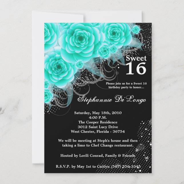 5 x 7 Aqua Ro Blommigt Sweet 16 Birthday-inbjudan Inbjudningar (Framsida)