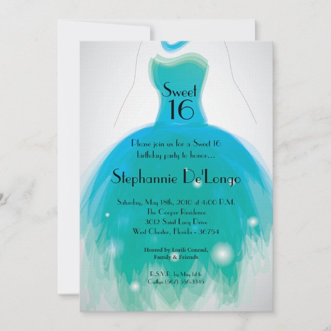 5 x 7 Aqua Teal Dress Söt 16 födelsedagsinbjudning Inbjudningar (Framsida)