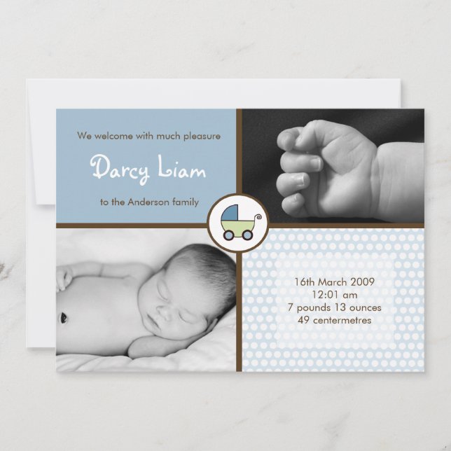 5 x 7 Baby BoyBlue Barnvagn Fotofödelsemeddelande Meddelande (Framsida)
