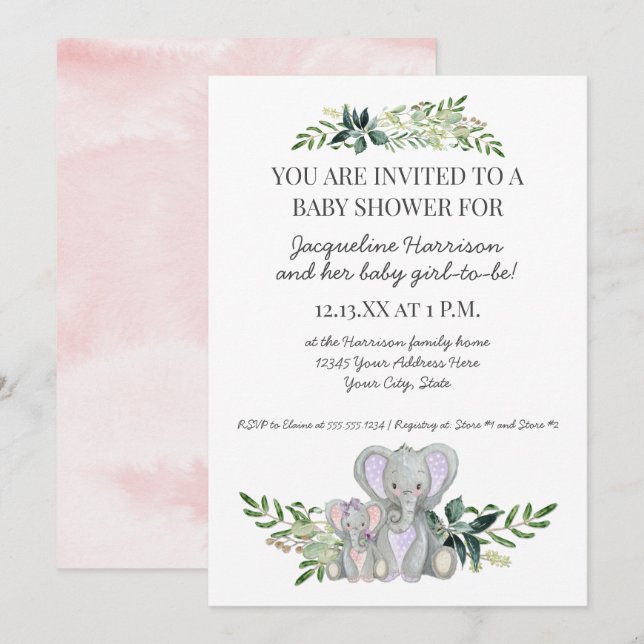 5 x 7 Baby Elephant Foliage  Rosa Shower Inbjudningar (Fram/baksida)