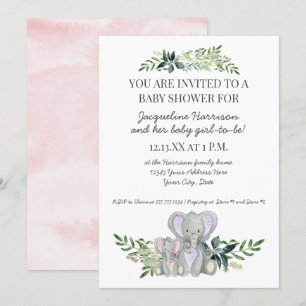 5 x 7 Baby Elephant Foliage Rosa Shower Inbjudningar
