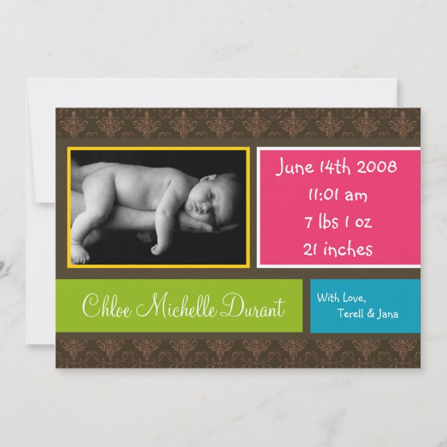5 x 7 BabyGirl Brown Damask Photo Birth-meddelande Meddelande (Framsida)