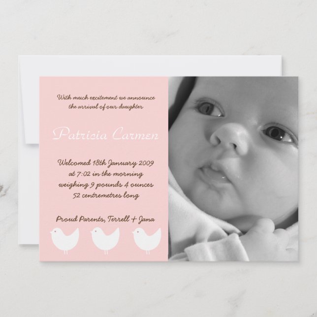 5 x 7 BabyGirl Rosa 3 Birds Photo Birth Notice Meddelande (Framsida)