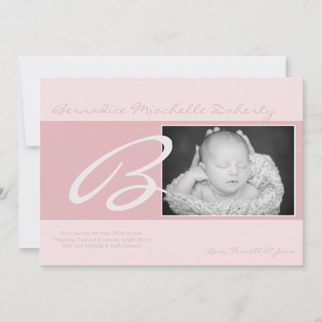 5 x 7 BabyGirl Rosa Initial Photo Birth Notice Meddelande (Framsida)