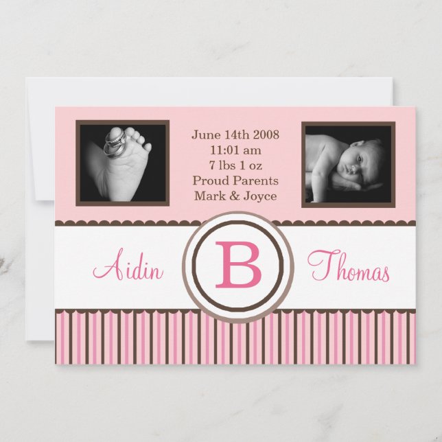 5 x 7 BabyGirl Rosa Stripe Photo Birth-meddelande Meddelande (Framsida)