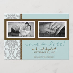 5 x 7 Baroque Aqua/Brown Two-Photo Save Date Spara Datumet