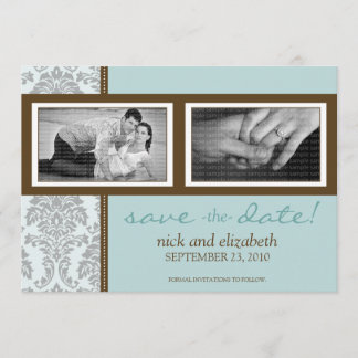 5 x 7 Baroque Aqua/Brown Two-Photo Save Date Spara Datumet