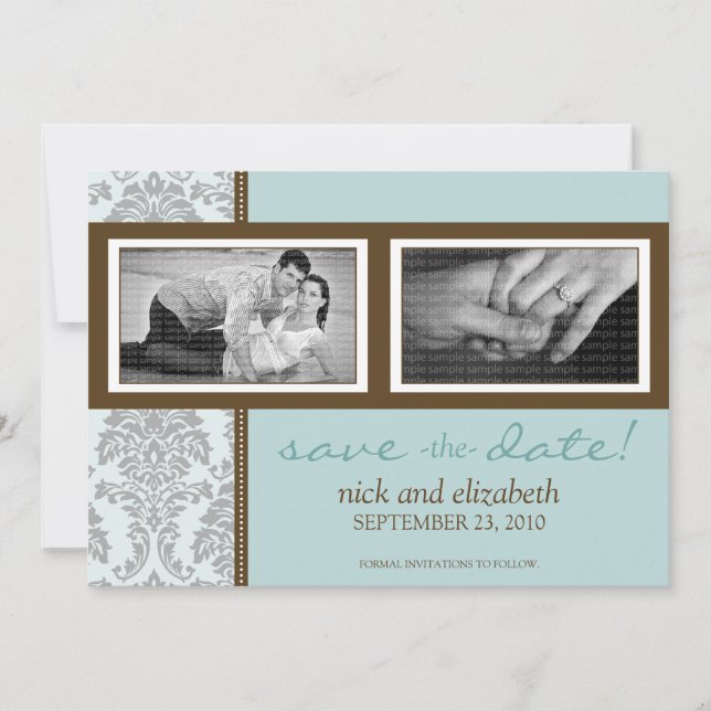 5 x 7 Baroque Aqua/Brown Two-Photo Save Date Spara Datumet (Framsida)