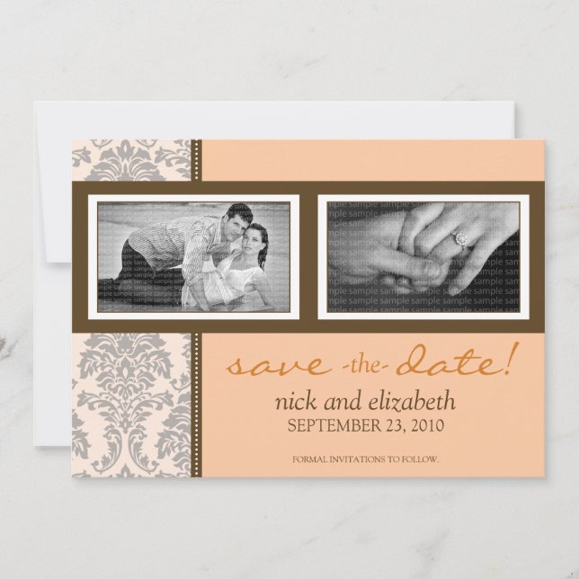 5 x 7 Baroque Peach/Brown Two-Photo Save Date Spara Datumet (Framsida)
