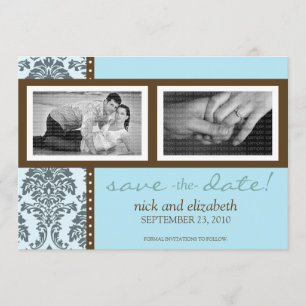 5 x 7 Baroque Teal Chocolate Two-Photo Save Date Spara Datumet
