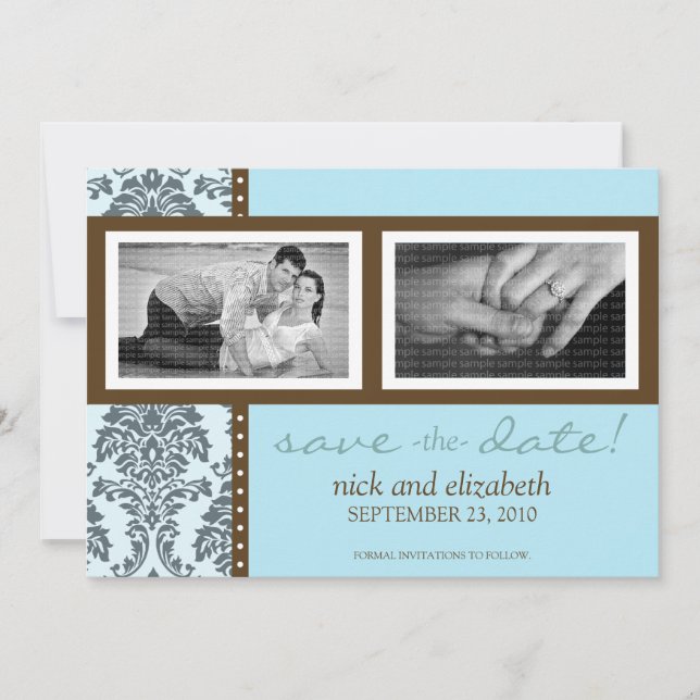 5 x 7 Baroque Teal Chocolate Two-Photo Save Date Spara Datumet (Framsida)