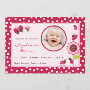 5 x 7 Berry Garden Nyckelpiga Foto Birth Notice Meddelande