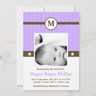 5 x 7 Birth Lila Monogram PHOTO Birth Notice Meddelande