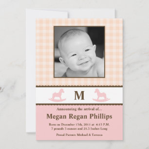 5 x 7 Birth Rosa Monogram PHOTO Birth Notice Meddelande