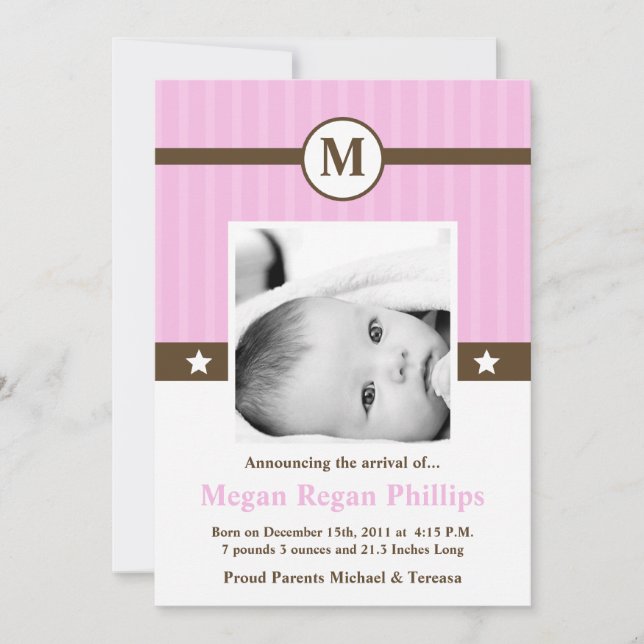 5 x 7 Birth Rosa Monogram PHOTO Birth Notice Meddelande (Framsida)