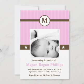 5 x 7 Birth Rosa Monogram PHOTO Birth Notice Meddelande
