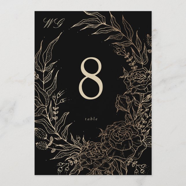 5 x 7 Black Gold Florals Wedding Table Number Inbjudningar (Framsida)