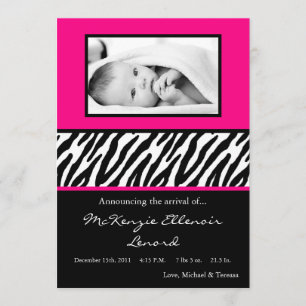 5 x 7 Black Shock rosa Zebra PHOTO Birth Notice Meddelande