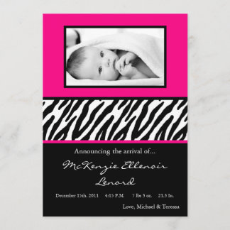 5 x 7 Black Shock rosa Zebra PHOTO Birth Notice Meddelande