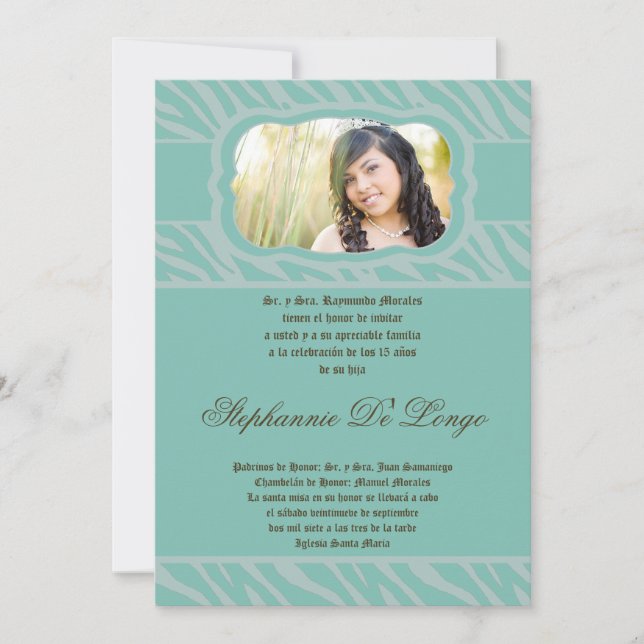 5 x 7 Blu Zebra tryck Quinceanera-inbjudan Inbjudningar (Framsida)