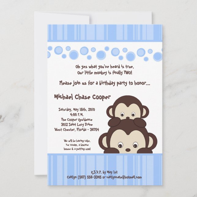 5 x 7 Blue Boy Pop Monkey Birthday-inbjudan Inbjudningar (Framsida)