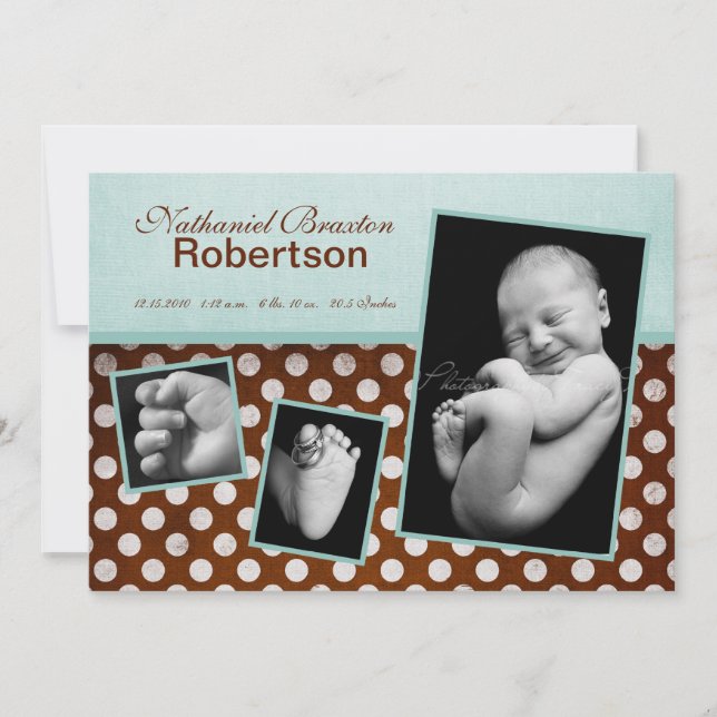5 x 7 Blue Brown Polka Dot Photo Birth Notice Meddelande (Framsida)
