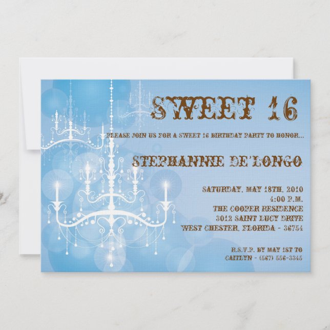 5 x 7 Blue Chandelier Sweet 16 Birthday-inbjudan Inbjudningar (Framsida)