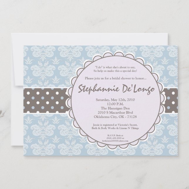 5 x 7 Blue Damask Snöre Inbjudningskort för möhipp (Framsida)