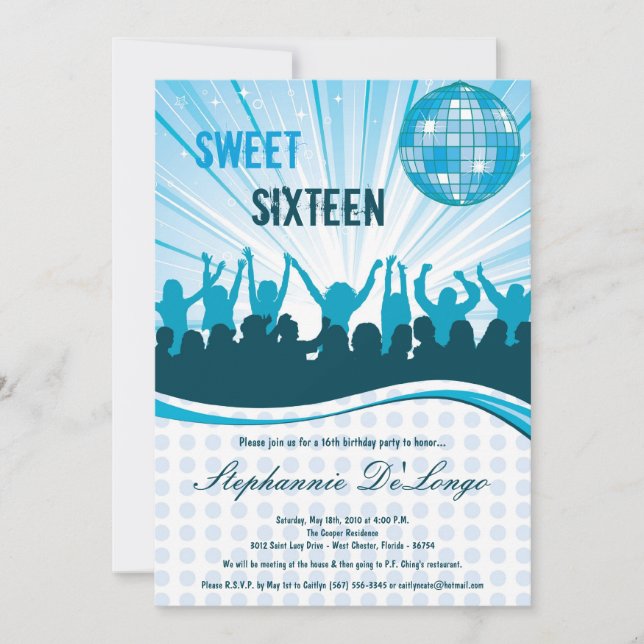 5 x 7 Blue Dance Party 16:e födelsedagsinbjudan Inbjudningar (Framsida)