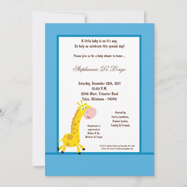 5 x 7 Blue Giraffe Baby Shower-inbjudan Inbjudningar (Framsida)