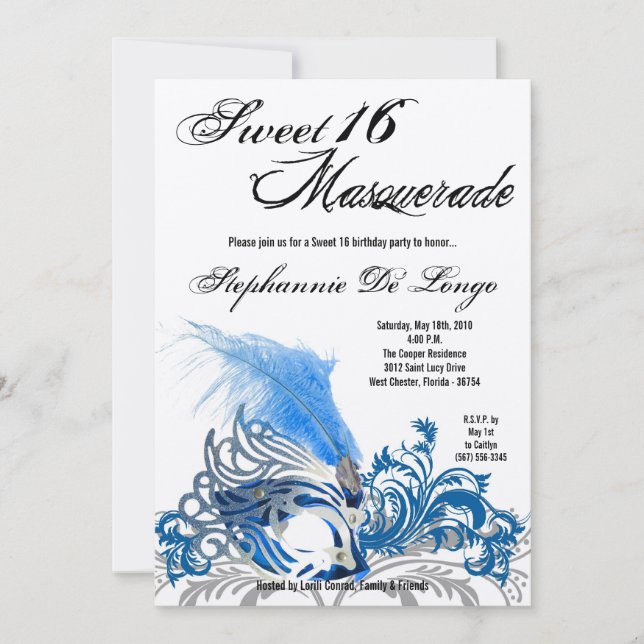 5 x 7 Blue Masqueravarm Sweet 16 Birthday-inbjudan Inbjudningar (Framsida)