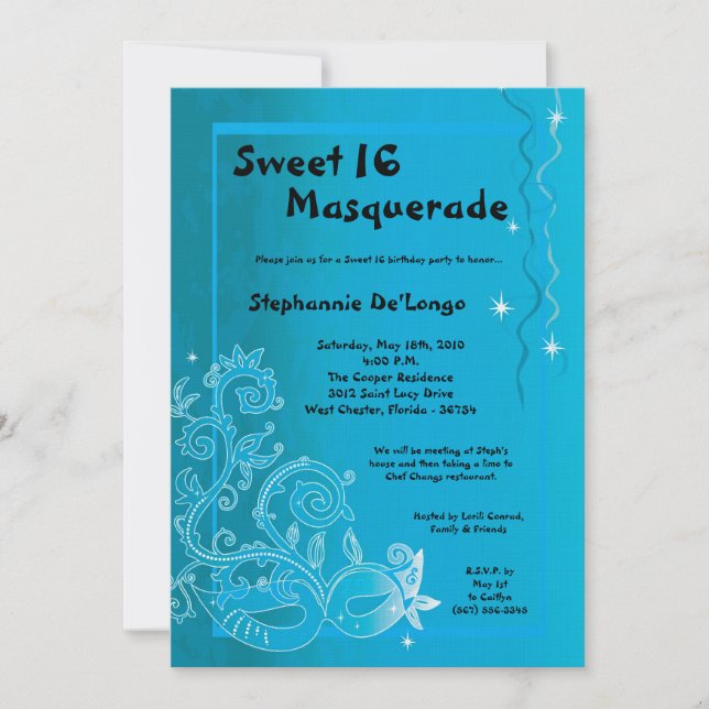 5 x 7 Blue Masqueravarm Sweet 16 Birthday-inbjudan Inbjudningar (Framsida)