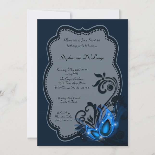 5 x 7 Blue Masqueravarm Sweet 16 Birthday-inbjudan Inbjudningar (Framsida)