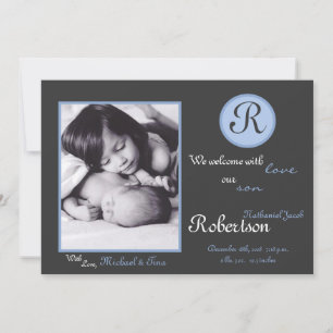 5 x 7 Blue Monogram första fotofödelsemeddelande Meddelande