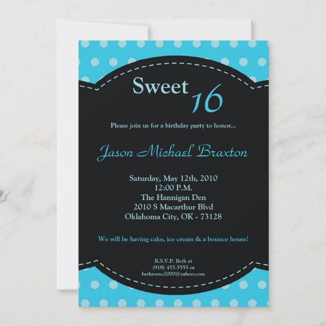 5 x 7 Blue Polkadot Sweet 16 Birthday-inbjudan Inbjudningar (Framsida)