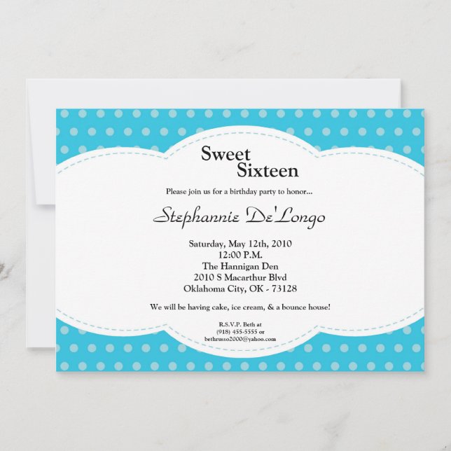 5 x 7 Blue Polkadot Sweet 16 Birthday-inbjudan Inbjudningar (Framsida)