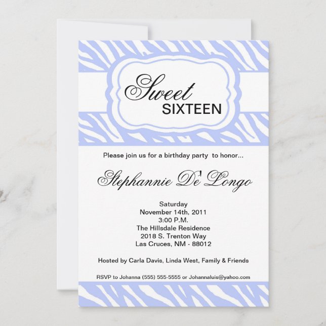 5 x 7 Blue Zebra tryck Födelsedagsfest inbjudan (Framsida)