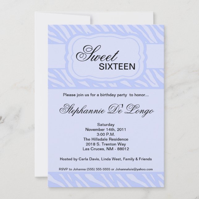 5 x 7 Blue Zebra tryck Födelsedagsfest inbjudan (Framsida)