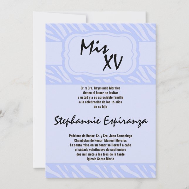 5 x 7 Blue Zebra tryck Quinceanera 15-inbjudan Inbjudningar (Framsida)