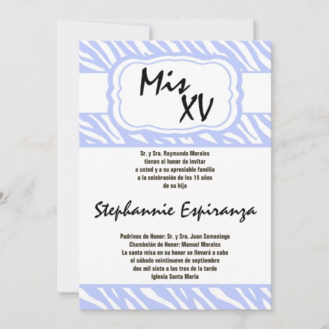 5 x 7 Blue Zebra tryck Quinceanera 15-inbjudan Inbjudningar (Framsida)